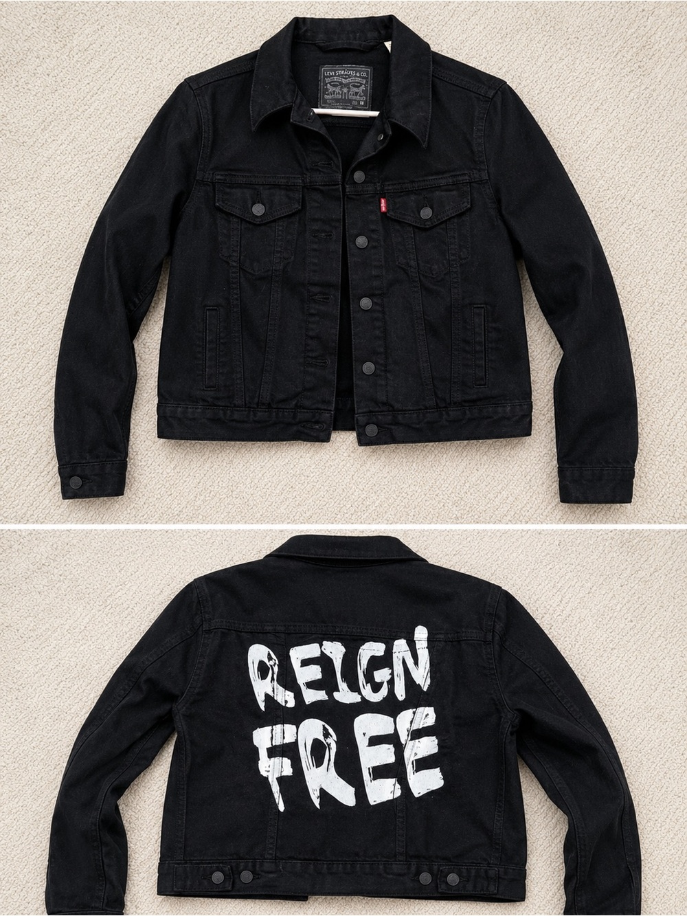 Levi's Women’s Black Denim Jacket with 'REIGN FREE' Back Graphic